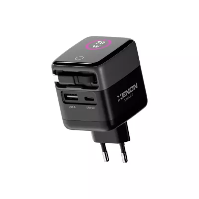 Hızlı Şarj Adaptörü | 70W, GaN, USB-C & USB-A, Dahili Type-C Kablo, PD PPS, Dijital Ekran (X6413)